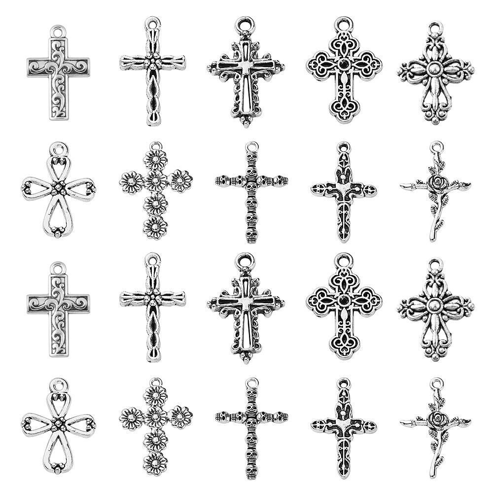 9078 100Pcs 10 Styles Tibetan Style Religion Cross Alloy Charm Pendants